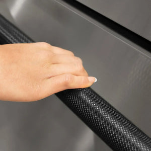 ZLINE Touchstone Refrigerator Drawer Helix Handles (Set of 2) in Black Stainless Steel (RDHOZ-24-K-BS) on appliance showing diamond knurled details.