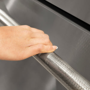 ZLINE Autograph Edition Touchstone Refrigerator Drawer Helix Handles (Set of 2) in Polished Nickel (RDHOZ-24-K-PN) on appliance showing diamond knurled details.