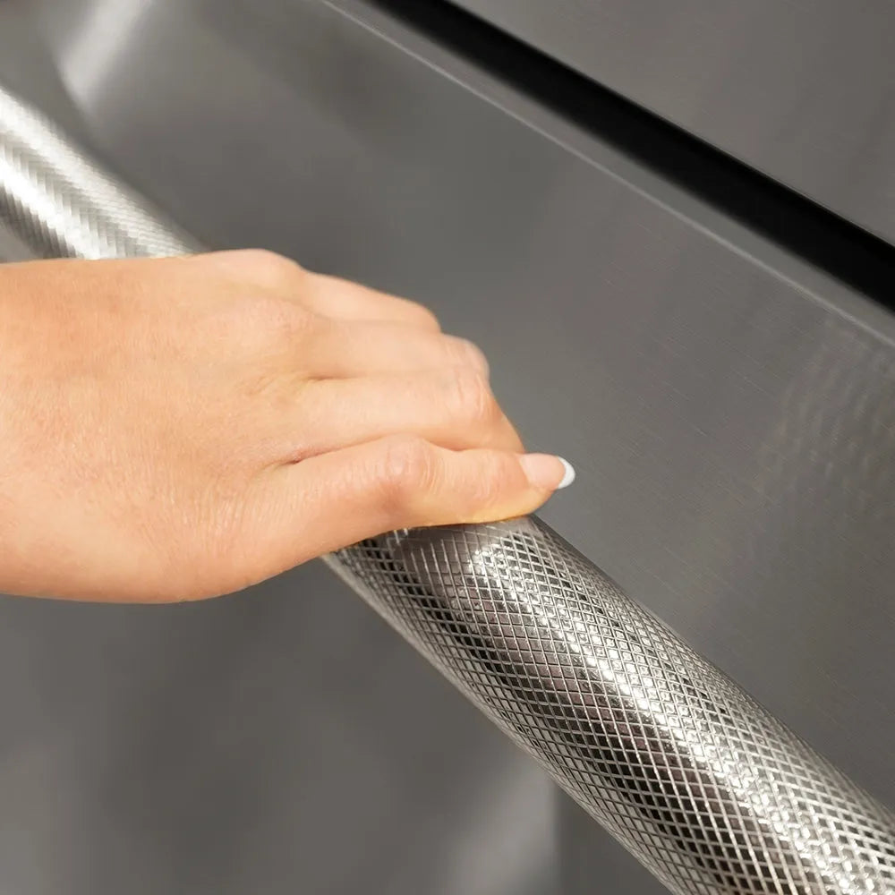 ZLINE Autograph Edition Touchstone Refrigerator Drawer Helix Handles (Set of 2) in Polished Nickel (RDHOZ-24-K-PN) on appliance showing diamond knurled details.