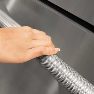 ZLINE Touchstone Refrigerator Drawer Helix Handles (Set of 2) in Stainless Steel (RDHOZ-24-K-ST) on appliance showing diamond knurled details.
