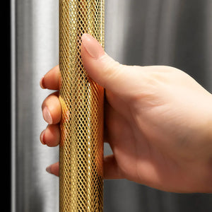 ZLINE Autograph Edition Helix Handle (Set of 1) for Undercounter Wine & Beverage Coolers and Ice Makers in Polished Gold (RWVHZ618-K-G) on appliance showing diamond knurled details.