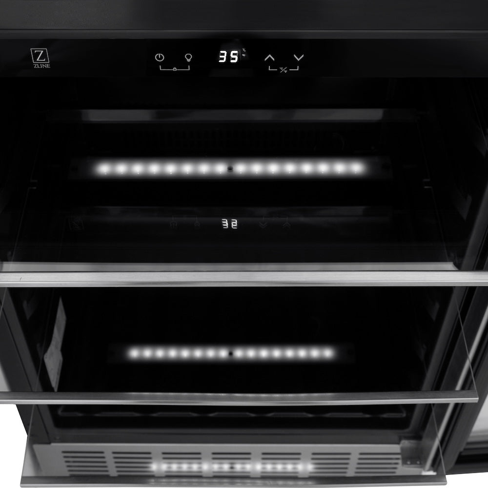 ZLINE 24 in. Monument 154 Can Beverage Fridge in Stainless Steel (RBV-US-24) with digital display and LED lights on a white background