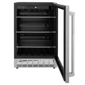ZLINE 24 in. Monument 154 Can Beverage Fridge in Stainless Steel (RBV-US-24) with open door on a white background