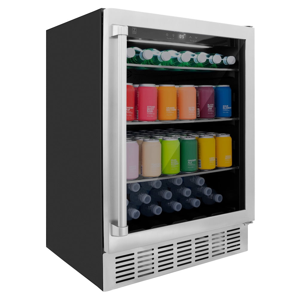 ZLINE 24 in. Monument 154 Can Beverage Fridge in Stainless Steel (RBV-US-24) with colorful drinks on a white background