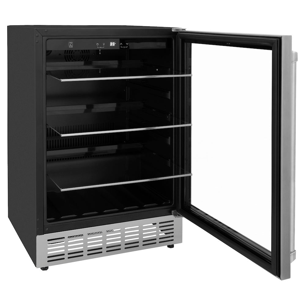 ZLINE 24 in. Monument 154 Can Beverage Fridge in Stainless Steel (RBV-US-24) with open door showing interior shelves on a white background