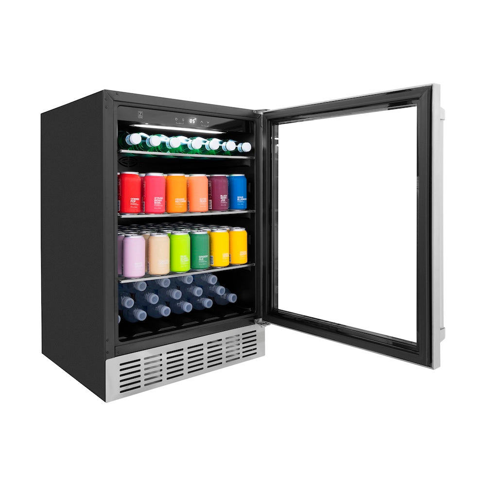 ZLINE 24 in. Monument 154 Can Beverage Fridge in Stainless Steel (RBV-US-24) with open door displaying a variety of colorful drinks on a white background