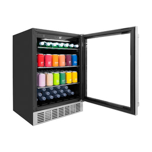 ZLINE 24 in. Monument 154 Can Beverage Fridge in Stainless Steel (RBV-US-24) with open door displaying a variety of colorful drinks on a white background