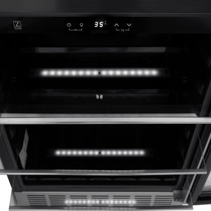 ZLINE Autograph Edition 24 in. Monument 154 Can Beverage Fridge in Stainless Steel with Champagne Bronze Accents (RBVZ-US-24-CB) with digital display and LED lights on a white background