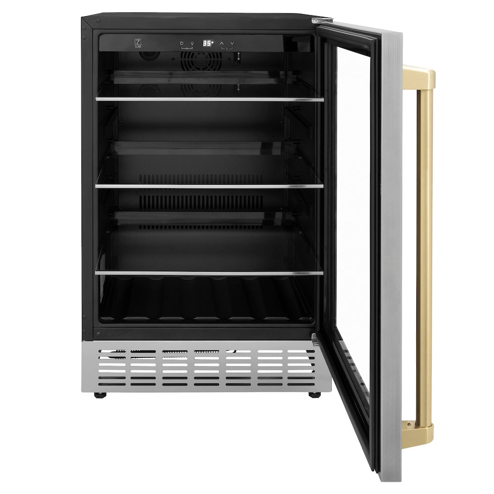 ZLINE Autograph Edition 24 in. Monument 154 Can Beverage Fridge in Stainless Steel with Champagne Bronze Accents (RBVZ-US-24-CB) with open door on a white background