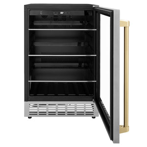 ZLINE Autograph Edition 24 in. Monument 154 Can Beverage Fridge in Stainless Steel with Champagne Bronze Accents (RBVZ-US-24-CB) with open door on a white background