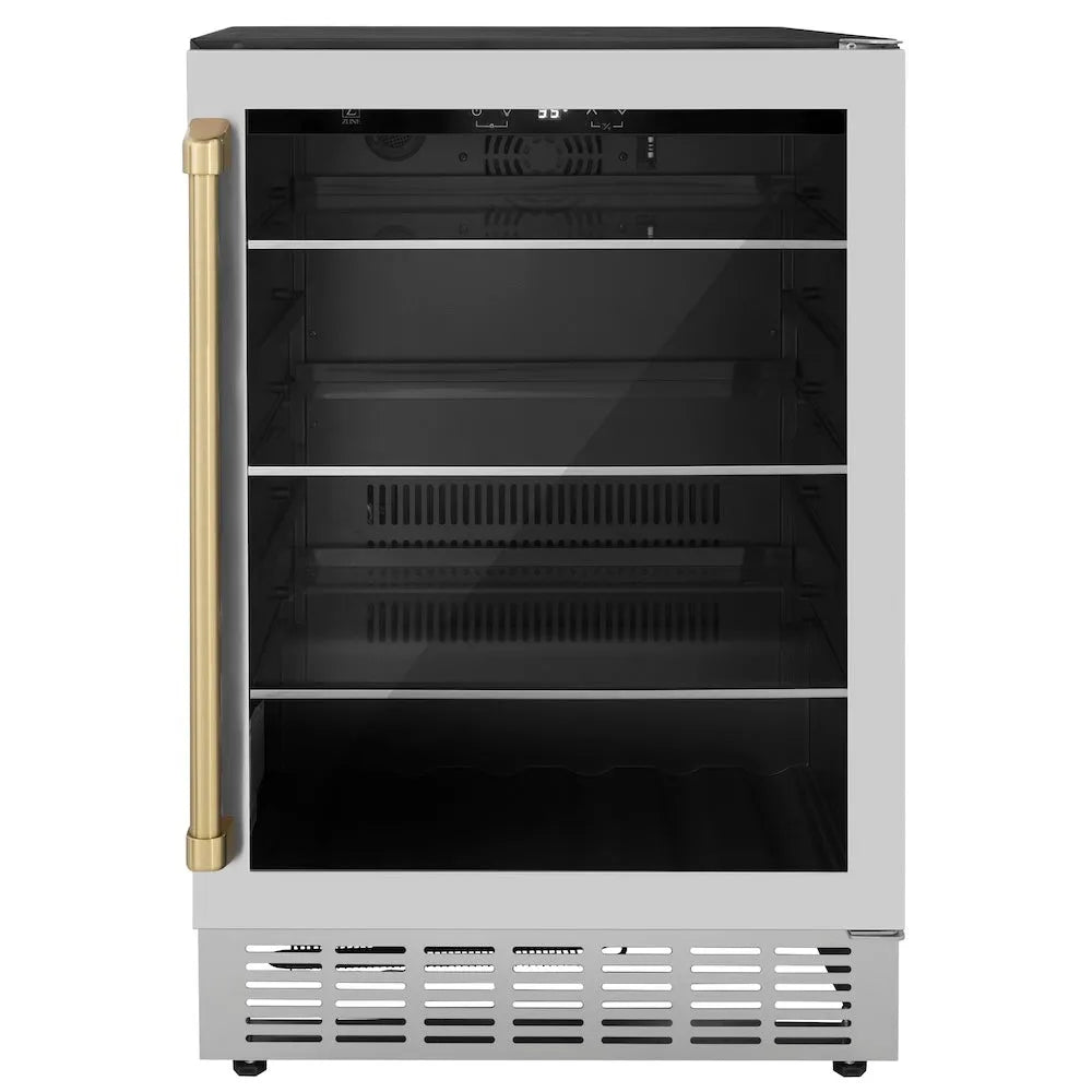 ZLINE Autograph Edition 24 in. Monument 154 Can Beverage Fridge in Stainless Steel with Champagne Bronze Accents (RBVZ-US-24-CB) main image.