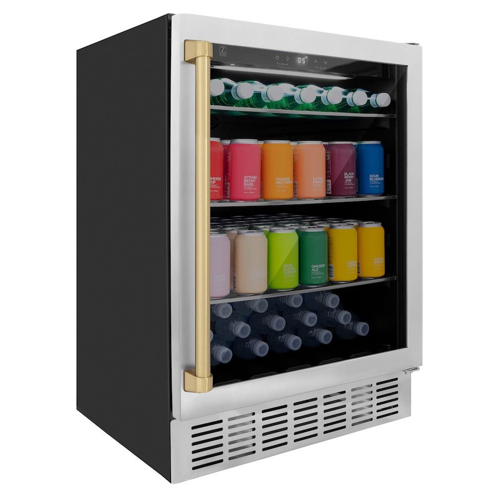 ZLINE Autograph Edition 24 in. Monument 154 Can Beverage Fridge in Stainless Steel with Champagne Bronze Accents (RBVZ-US-24-CB) with colorful drinks on a white background