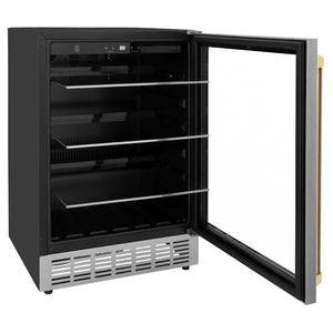 ZLINE Autograph Edition 24 in. Monument 154 Can Beverage Fridge in Stainless Steel with Champagne Bronze Accents (RBVZ-US-24-CB) side, open, shelves extended.