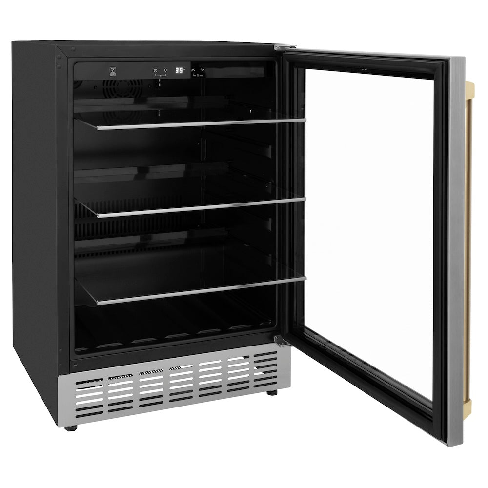 ZLINE Autograph Edition 24 in. Monument 154 Can Beverage Fridge in Stainless Steel with Champagne Bronze Accents (RBVZ-US-24-CB) with open door showing interior shelves on a white background