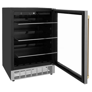 ZLINE Autograph Edition 24 in. Monument 154 Can Beverage Fridge in Stainless Steel with Champagne Bronze Accents (RBVZ-US-24-CB) with open door showing interior shelves on a white background