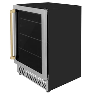 ZLINE Autograph Edition 24 in. Monument 154 Can Beverage Fridge in Stainless Steel with Champagne Bronze Accents (RBVZ-US-24-CB) reverse side, closed.
