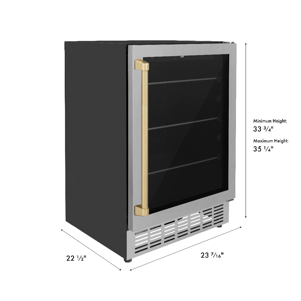 ZLINE Autograph Edition 24 in. Monument 154 Can Beverage Fridge in Stainless Steel with Champagne Bronze Accents (RBVZ-US-24-CB) dimensional diagram.