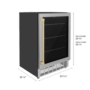 ZLINE Autograph Edition 24 in. Monument 154 Can Beverage Fridge in Stainless Steel with Champagne Bronze Accents (RBVZ-US-24-CB) dimensional diagram.
