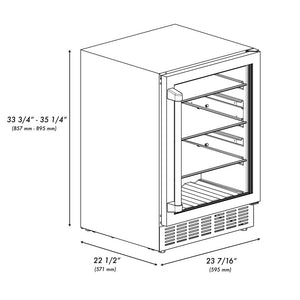 ZLINE Autograph Edition 24 in. Monument 154 Can Beverage Fridge in Stainless Steel with Polished Gold Accents (RBVZ-US-24-G) dimensional diagram.