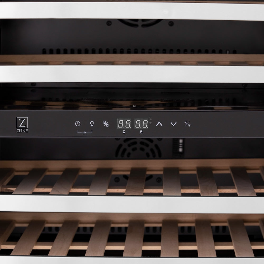 Close-up of a ZLINE Autograph Edition 24 in. Monument Dual Zone 44 Bottle Wine Cooler in Stainless Steel with Champagne Bronze Accents (RWVZ-UD-24-CB) with digital display and control panel.