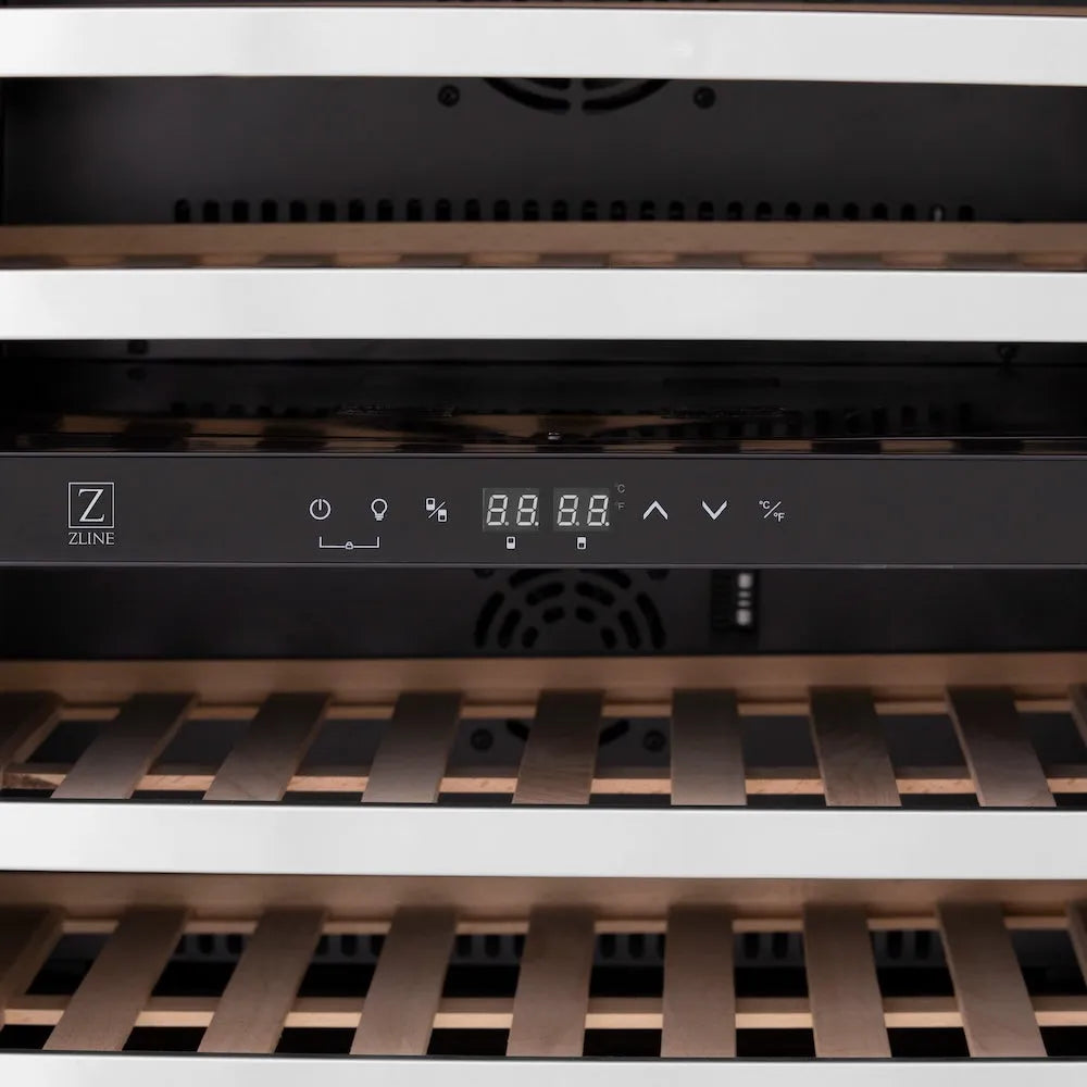 Close-up of a ZLINE Autograph Edition 24 in. Monument Dual Zone 44 Bottle Wine Cooler in Stainless Steel with Champagne Bronze Accents (RWVZ-UD-24-CB) with digital display and control panel.