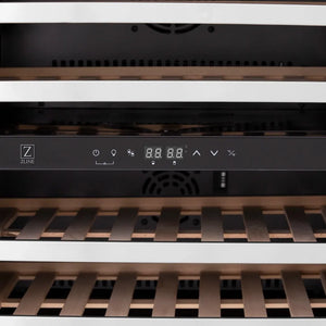 Close-up of a ZLINE Autograph Edition 24 in. Monument Dual Zone 44 Bottle Wine Cooler in Stainless Steel with Champagne Bronze Accents (RWVZ-UD-24-CB) with digital display and control panel.