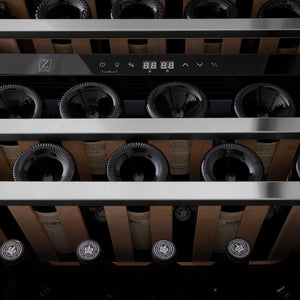 Wine bottles in a ZLINE Autograph Edition 24 in. Monument Dual Zone 44 Bottle Wine Cooler in Stainless Steel with Champagne Bronze Accents (RWVZ-UD-24-CB) with digital display.