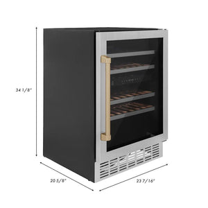 ZLINE Autograph Edition 24 in. Monument Dual Zone 44 Bottle Wine Cooler in Stainless Steel with Champagne Bronze Accents (RWVZ-UD-24-CB) with dimensions labeled on a white background