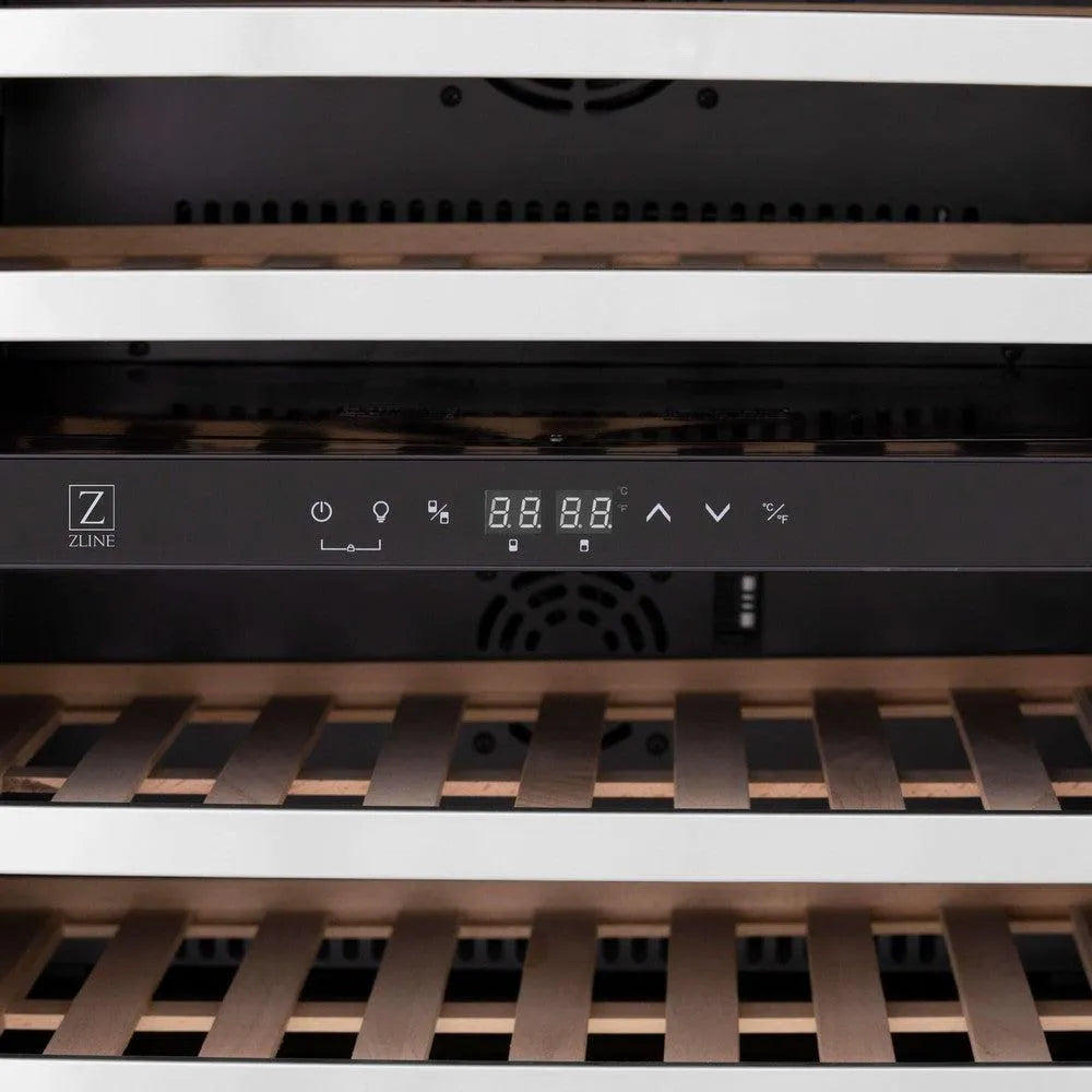 ZLINE Autograph Edition 24 in. Monument Dual Zone 44-Bottle Wine Cooler in Stainless Steel with Matte Black Accents (RWVZ-UD-24-MB) close-up, temperature control and LED display.