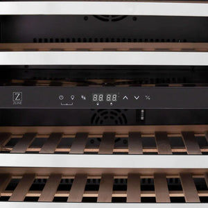 ZLINE Autograph Edition 24 in. Monument Dual Zone 44-Bottle Wine Cooler in Stainless Steel with Matte Black Accents (RWVZ-UD-24-MB) close-up, temperature control and LED display.