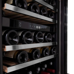 ZLINE Autograph Edition 24 in. Monument Dual Zone 44-Bottle Wine Cooler in Stainless Steel with Matte Black Accents (RWVZ-UD-24-MB) close-up, racks of red and white wine bottles stored on adjustable wood shelves.