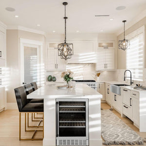 ZLINE Autograph Edition 24 in. Monument Dual Zone 44-Bottle Wine Cooler in Stainless Steel with Matte Black Accents (RWVZ-UD-24-MB) in a luxury kitchen.