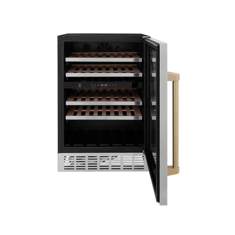 ZLINE Autograph Edition 24 in. Monument Dual Zone 44 Bottle Wine Cooler in Stainless Steel with Champagne Bronze Accents (RWVZ-UD-24-CB) with open door on a white background