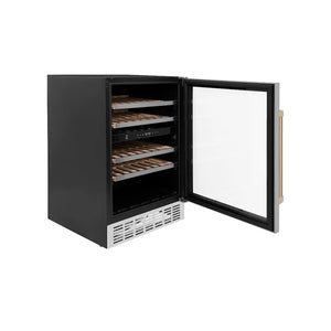 ZLINE Autograph Edition 24 in. Monument Dual Zone 44 Bottle Wine Cooler in Stainless Steel with Champagne Bronze Accents (RWVZ-UD-24-CB) with open door on a white background