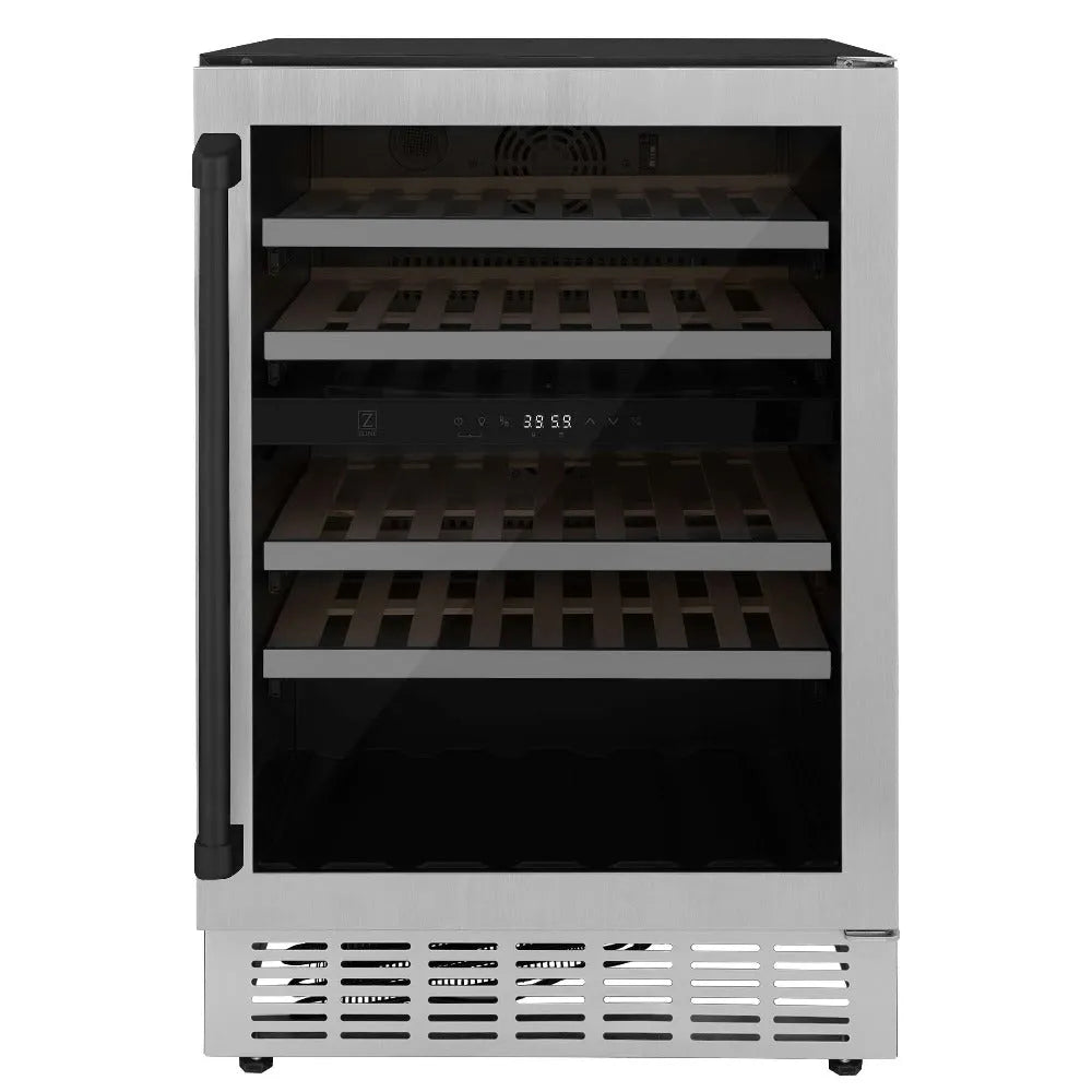 ZLINE Autograph Edition 24 in. Monument Dual Zone 44-Bottle Wine Cooler in Stainless Steel with Matte Black Accents (RWVZ-UD-24-MB) main image.