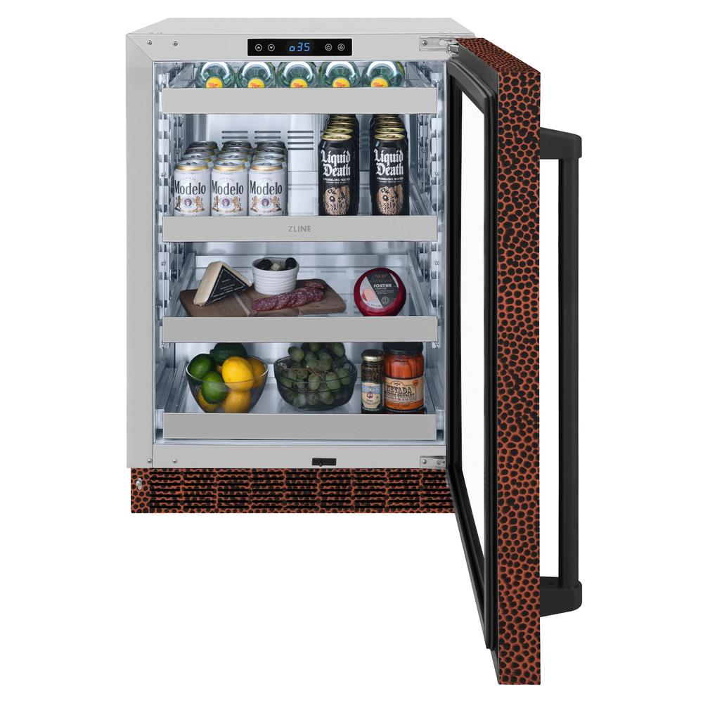 ZLINE 24 in. Touchstone 151 Can Beverage Fridge With Hand Hammered Copper Glass Door (RBSO-HH-24) front, open with Modelo drinks and various food items inside on a white background