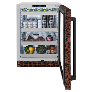 ZLINE 24 in. Touchstone 151 Can Beverage Fridge With Hand Hammered Copper Glass Door (RBSO-HH-24) front, open with Modelo drinks and various food items inside on a white background