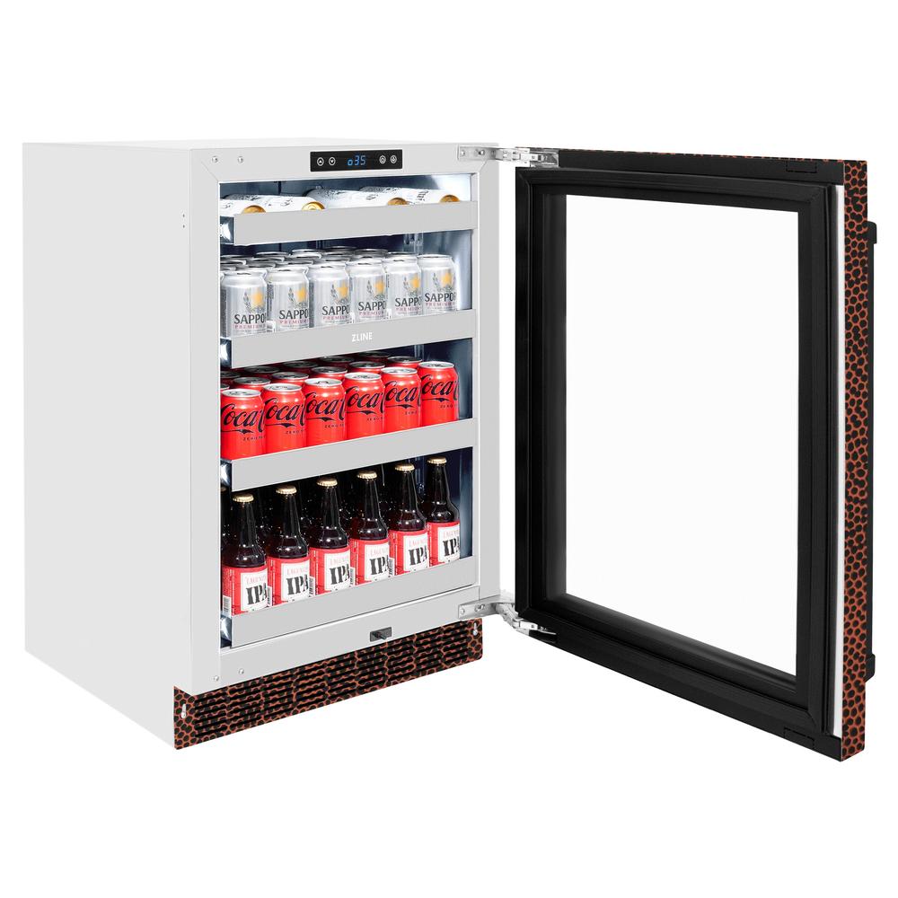 ZLINE 24 in. Touchstone 151 Can Beverage Fridge With Hand Hammered Copper Glass Door (RBSO-HH-24) with open door displaying drinks on a white background