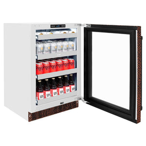 ZLINE 24 in. Touchstone 151 Can Beverage Fridge With Hand Hammered Copper Glass Door (RBSO-HH-24) with open door displaying drinks on a white background