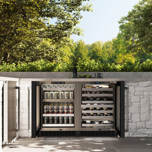 ZLINE 24 in. Touchstone Dual Zone 44 Bottle Wine Cooler With Black Matte Glass Door (RWDO-BLM-24) front, in a luxury outdoor kitchen, open.