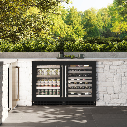 ZLINE 24 in. Touchstone Dual Zone 44 Bottle Wine Cooler With Black Matte Glass Door (RWDO-BLM-24) in a luxury outdoor patio, front.