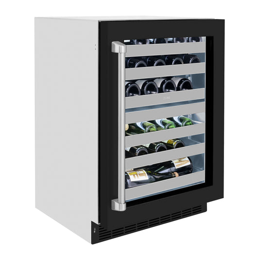 ZLINE 24 in. Touchstone Dual Zone 44 Bottle Wine Cooler With Black Matte Glass Door (RWDO-BLM-24) side, closed.