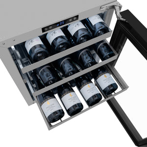 ZLINE 24 in. Touchstone Dual Zone 44 Bottle Wine Cooler With Black Matte Glass Door (RWDO-BLM-24) close-up detail, three rows of wine bottles on easy glide adaptable shelving system.