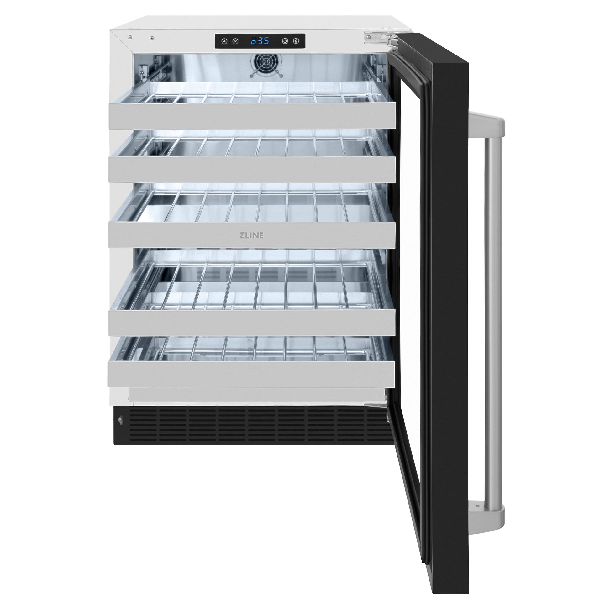 ZLINE 24 in. Touchstone Dual Zone 44 Bottle Wine Cooler With Black Matte Glass Door (RWDO-BLM-24) front, open.