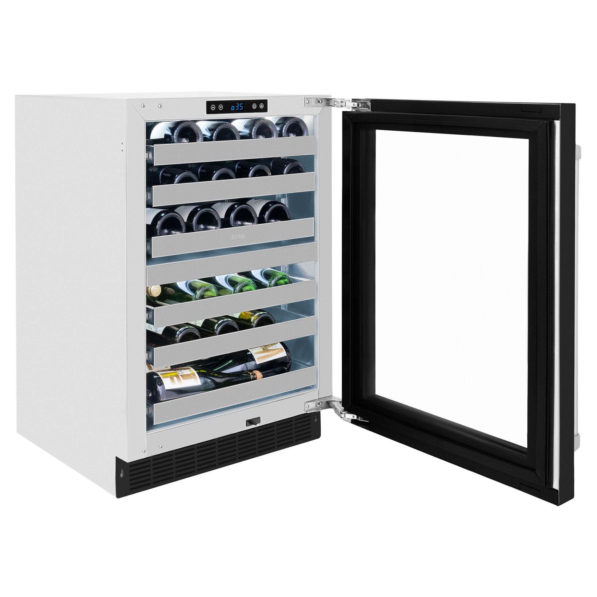 ZLINE 24 in. Touchstone Dual Zone 44 Bottle Wine Cooler With Black Matte Glass Door (RWDO-BLM-24) side, open, full.