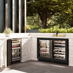 ZLINE 24 in. Touchstone Dual Zone 44 Bottle Wine Cooler With Black Matte Glass Door (RWDO-BLM-24) in a luxury outdoor patio, side.