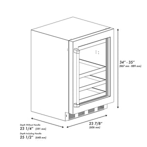 ZLINE 24 in. Touchstone 151 Can Beverage Fridge With Black Matte Glass Door (RBSO-BLM-24) dimensional diagram.