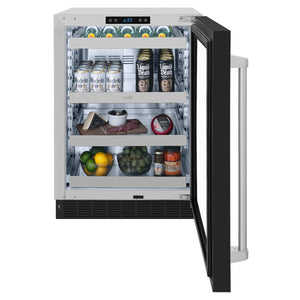 ZLINE 24 in. Touchstone 151 Can Beverage Fridge With Black Matte Glass Door (RBSO-BLM-24) front, open, full.