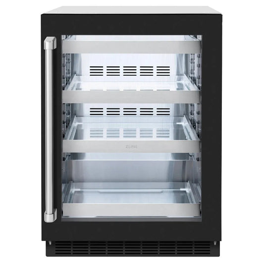 ZLINE 24 in. Touchstone 151 Can Beverage Fridge With Black Matte Glass Door (RBSO-BLM-24) main image.