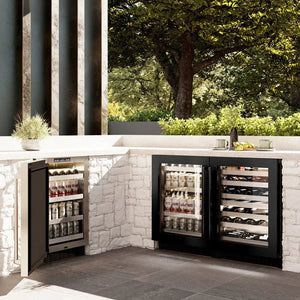 ZLINE 24 in. Touchstone 151 Can Beverage Fridge With Black Stainless Steel Glass Door (RBSO-BS-24) in a luxury outdoor kitchen.
